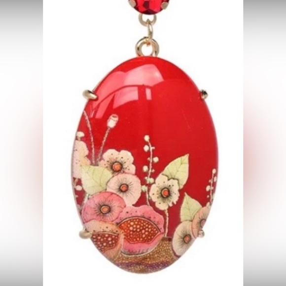 RED DROP EARRINGS SHOWING BIRDS AND FLOWER THEME - Picture 2 of 5